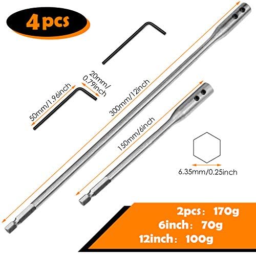 Hotop 4 Pcs 1/4 Drill Bit Extension Set Spade Bit Extender 6 and 12 Inch