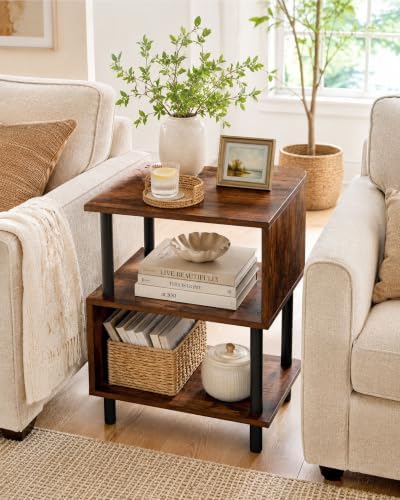 Frylr Side Table, Night Stand and End Table with Reinforced Metal Frame, 44 lb Capacity on Each Tier and Leveling Feet for Bedroom, Bedside, Living Room and Small Spaces, Rustic Brown