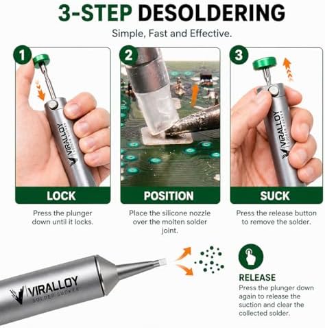 Solder Sucker Tool No Clog Silicone-Tip Manual Desoldering Pump Soldering Accessories for Solder Remover – Unrivaled Suction • No Power Needed • Ultra Low-Maintenance • Best-in-Class Desoldering Gun