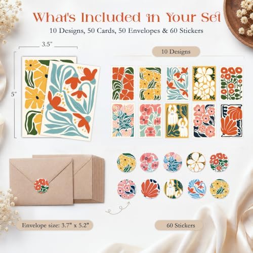 AUDREE Blank Cards with Envelopes, Modern Abstract Flowers 50 Pack
