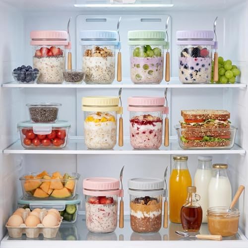 16oz Glass Overnight Oats Containers with Lids & Spoons, 4 Pack MultiColor