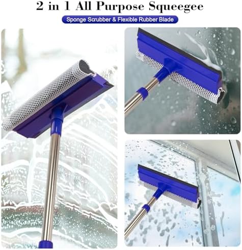 2-in-1 Window Squeegee&Car Squeegee with 15.7"-27.5" Retractable Stainless Steel Handle, Windshield Cleaner Tool for Cars, Trucks, Glass Doors, Shower Glass, Outdoor Windows