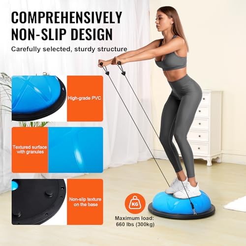 VEVOR Half Exercise Ball Trainer, 23/26 inch Balance Ball Trainer, 1500lbs Capacity Stability Ball, Yoga Ball with Resistance Bands & Foot Pump, Strength Fitness Ball for Home Gym Full Body Workout