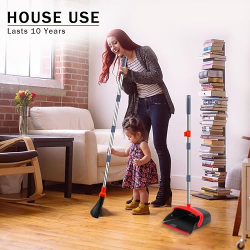 2 Pack is More economical,Brooms with Dustpan Combo Set， with 52" Long Handle, Dustpan Teeth with self-Cleaning Function, Indoor and Outdoor Sweeping, Perfect for Home Office (Large/Red /2-Pack)