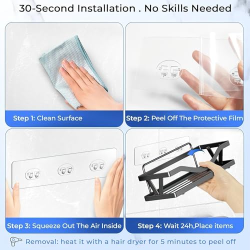 Shower Caddy Adhesive Replacement Hooks, Strong Waterproof Strips, No Drilling for Bathroom Shelves, Kitchen Racks, and Soap Holders (Transparent-14 Pack)