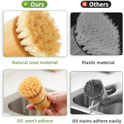 SUBEKYU Bamboo Dish Scrub Brush,Produce Brush,3 Pack with Ceramic Holder