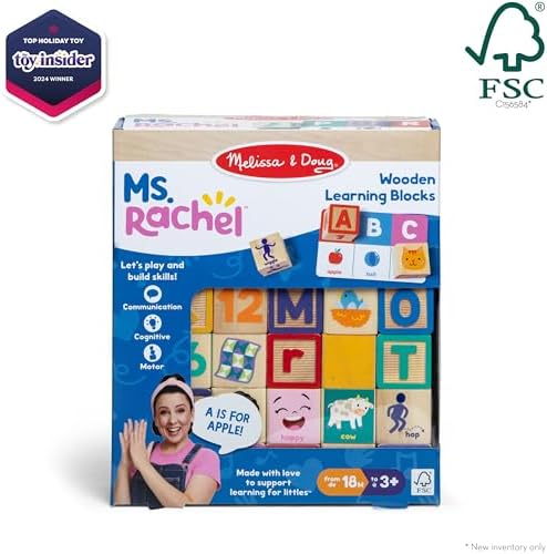 Melissa & Doug Ms. Rachel Letter, Number, and Game Wooden Learning Blocks with Activity Cards for Girls and Boys Toddlers Ages 18 Months+ - FSC Certified
