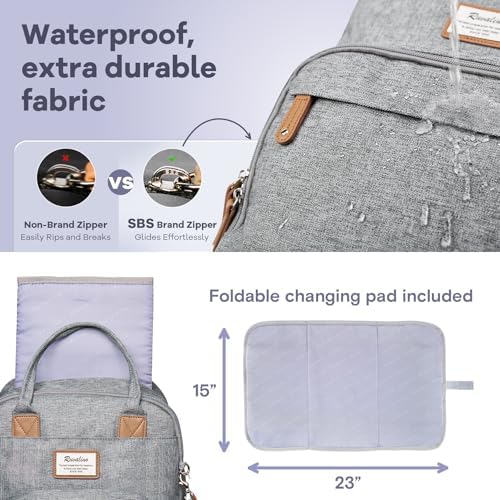 RUVALINO Diaper Bag Backpack-Multifunction Travel Baby Diaper Bag with Changing Pad, Insulated Bottle Holders & Pacifier Case, Large Capacity, Waterproof, Gray