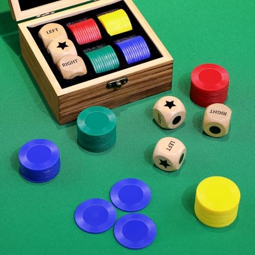 Pagather Left Right Roll Dice Game Set, Wooden Box with 3 Dice & 48 Chips