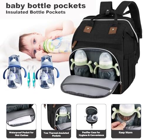 DERJUNSTAR Diaper Bag Backpack, Large Baby Bag with Changing Pad, Thick Padded Back & Straps, Laptop Compartment, Waterproof Travel Backpack with USB Port, Multi-Function for Mom & Dad, Black