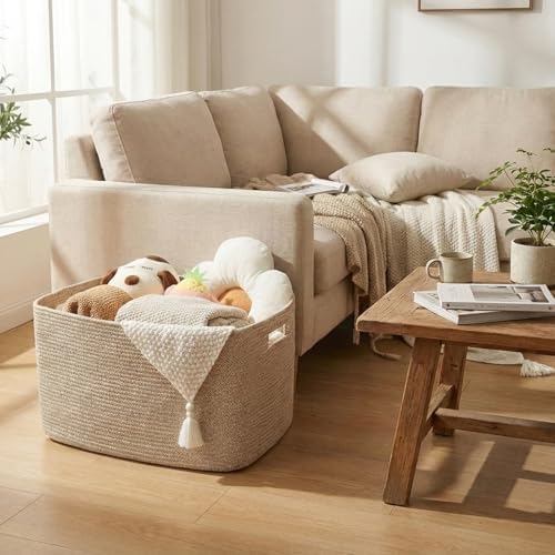 JMvicyroam 65L Large Woven Cotton Rope Blanket Basket, Oatmeal