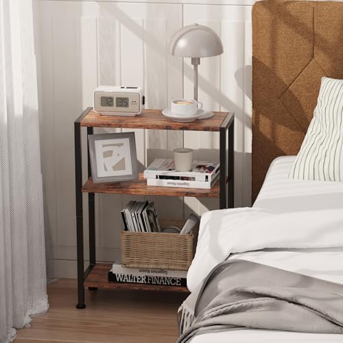 3-Tier Side Table, Small End Table, Sofa Side Table for Narrow Spaces, Slim End Table, Nightstand Table, for Living Room Bedroom Office, Rustic Brown