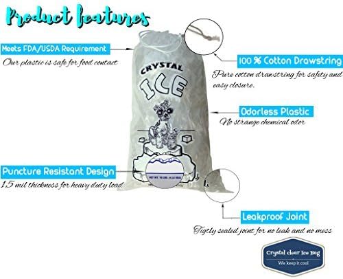 Crystal Clear Plastic Ice Bags with Cotton Draw String, 10 lb., Pack of 100