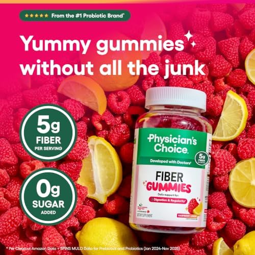 Physician's CHOICE Fiber Gummies for GLP-1 Support - No Sugar Added & Vegan - Raspberry Lemon - Natural Chicory Root Prebiotic Fiber Gummy - Digestive Health & Regularity for Women & Men - 60CT