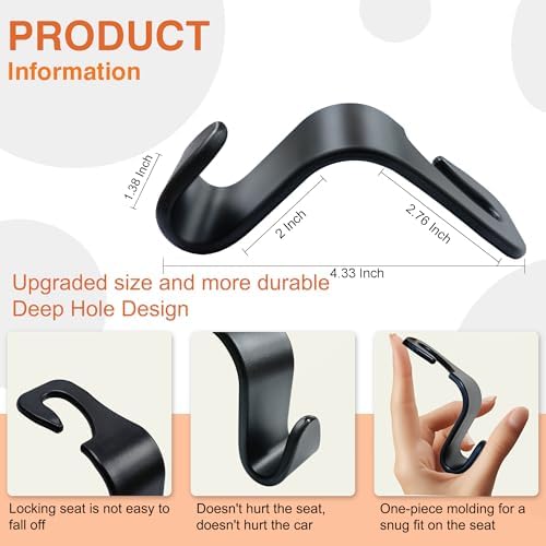 4-Pack Car Seat Hooks - 55 lb Each, Fits 0.32-0.55 in Headrest Rods