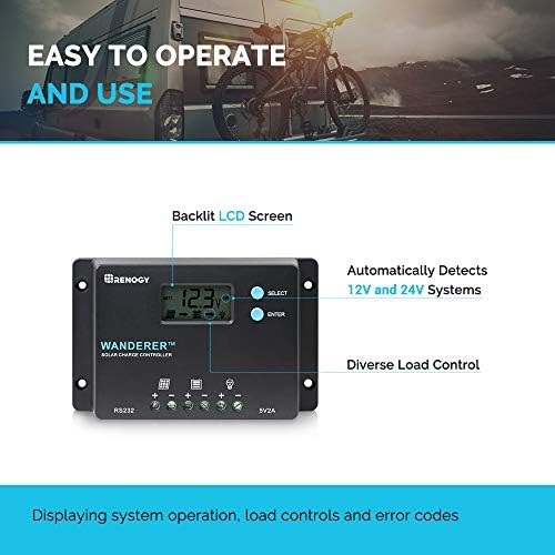 Renogy Wanderer 10A PWM Solar Charge Controller 12/24V for Solar Panels
