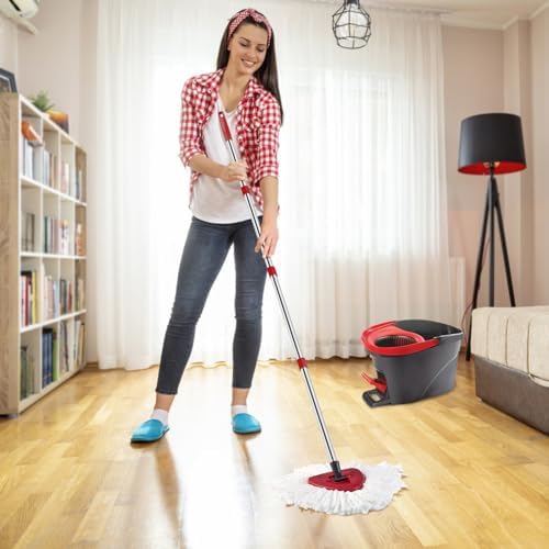 ANREKEYH Spin Mop Head, Base, Handle Replacement for O-Ceda EasyWring Microfiber Spin Mops, 2 Microfiber Mop Refills, 1 Triangle Head Cover and 30-58in Handle Set Combo (White(1 Tank System))