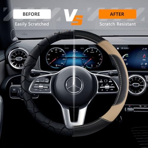 Leather Car Steering Wheel Cover, Universal Fit for Most Cars, Beige