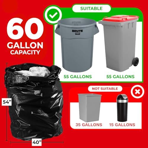 ToughBag 55-60 Gallon Heavy Duty Trash Bags, 150 Count, Black, Made in USA
