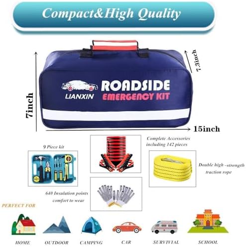 142 PCS Emergency Roadside Kit for Car ,Safety Car Kit with Jumper Cables