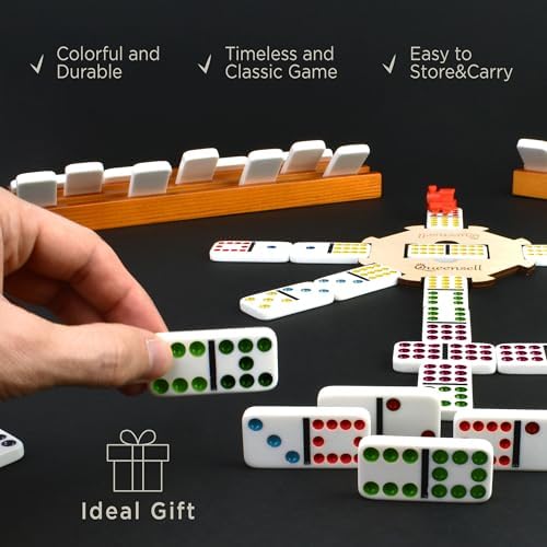 Queensell Mexican Train Dominoes Set with Wooden Hub, Domino Tile Board Games - Double 12 Dominos Set for Family Game Night for Adults and Kids Ages 8 and up (Double 12)