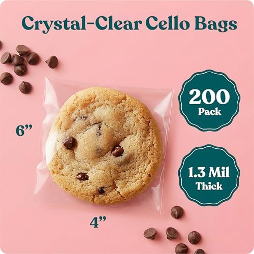 4x6 Clear Cookie Bags With Seal (200 Pack) - Self Sealing Cellophane Bags
