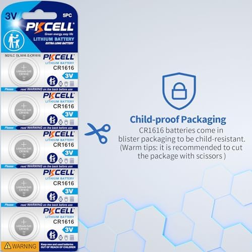 PKCELL CR1616 Battery 5 Pack, CR1616 3V Lithium Battery CR 1616 Battery