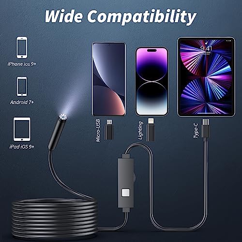 Kinpthy Endoscope Camera with Light,1920P HD Borescope Tools with 8 Adjustable LED Lights, Endoscope with Semi-Rigid Snake Camera, Inspection Borescope for iOS and Android-16.4ft Single Lens