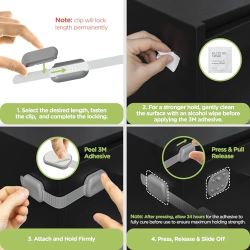 SKYLA HOMES Cabinet Strap Locks for Baby Proofing, 8 Pack, Gray