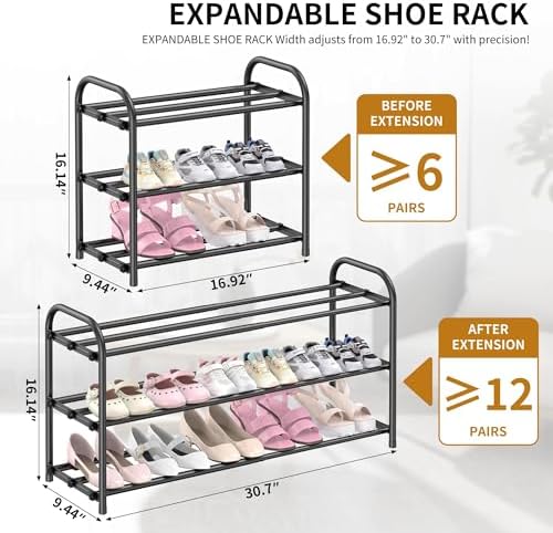 Hleelomi 3-Tier Metal Expandable Shoe Rack for Closet and Entryway Black