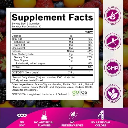 Vitamatic Prebiotic Fiber Gummies for Adults, 7G Extra Strength, Zero Sugar Added, 240 Pectin Based Gummies, Digestive Health & Regularity Support