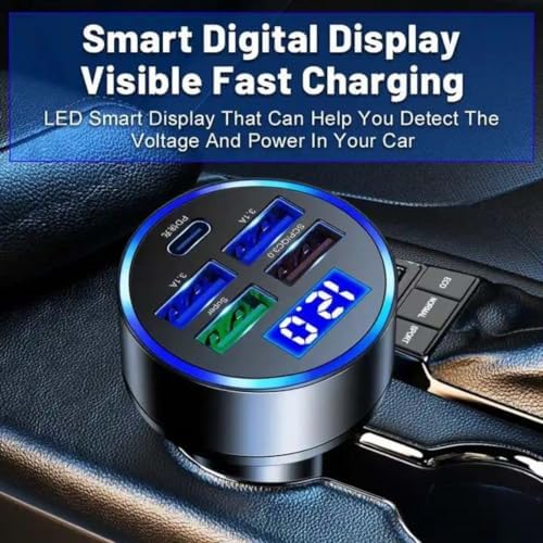 120W 5-Port Car Charger with PD Fast Charging & LED Voltage Display – USB C Cigarette Lighter Adapter (4 USB + 1 PD) for iPhone, Android & Multiple Devices