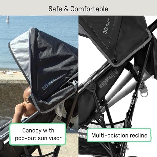 Ingenuity 3D Mini Convenience Stroller – Lightweight Stroller with Compact Fold, Multi-Position Recline, Canopy with Pop Out Sun Visor and More – Umbrella Stroller for Travel and More, Gray