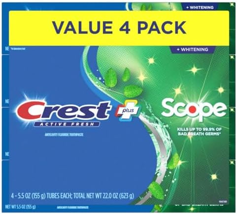 Crest + Scope, Active Fresh, Teeth Whitening Toothpaste for adults, 5.5oz 4 pack, Bad Breath Treatment, Breath Freshner, for Sensitive Teeth, Deep Stain remover, Travel Size Toiletries