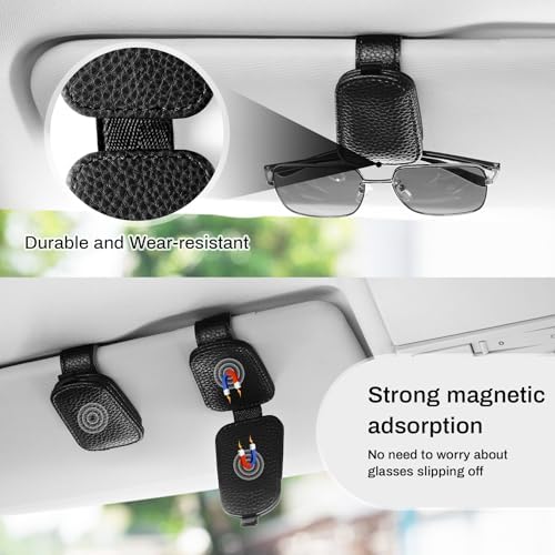SINGARO 2PCS Sunglasses Holder for Car, Leather Magnetic Buckle Sun Visor Sunglass Clip, Ticket Card Storage Glasses Clip, Car Interior Accessories for Men and Women（Black）