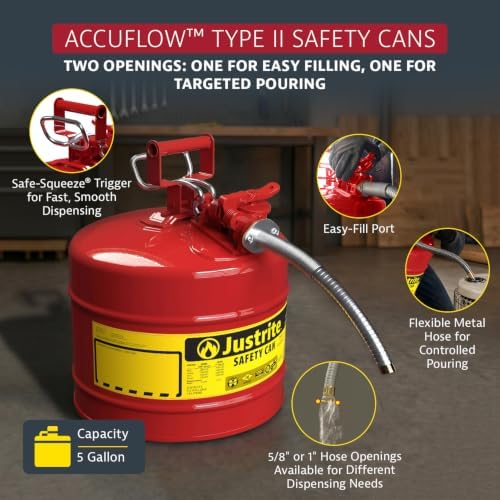 Justrite Type II Gasoline Safety Can, Red Galvanized Steel, FM Approved