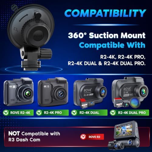 ROVE Suction Cup Mount for R2-4K, R2-4K PRO and R2-4K Dual Dash Camera Models