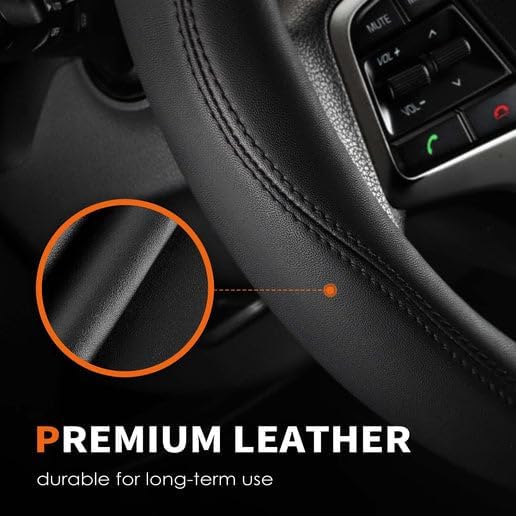 HOTOR Car Leather Steering Wheel Cover, Universal 14.5"-15",Black