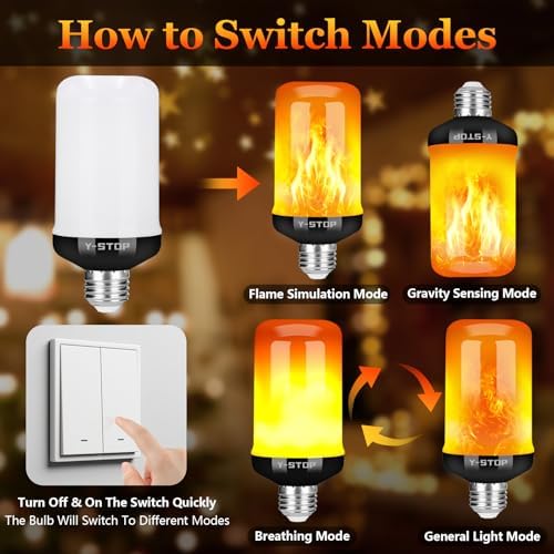 Y- STOP Upgraded Flame Light Bulbs, 4 Modes Flickering Light Bulb Outdoor with Upside Down Effect, E26 Base Flame Bulb for Christmas Decorations Outdoor, Halloween Lights, Party Decor (2 Pack)