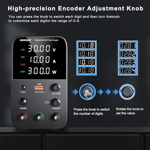 DC Power Supply Variable, Bench Power Supply with Encoder Adjustment Knob, Output Enable/Disable Button, Adjustable Power Supplies with USB Quick-Charge, Short Circuit Alam (30V 10A Black)
