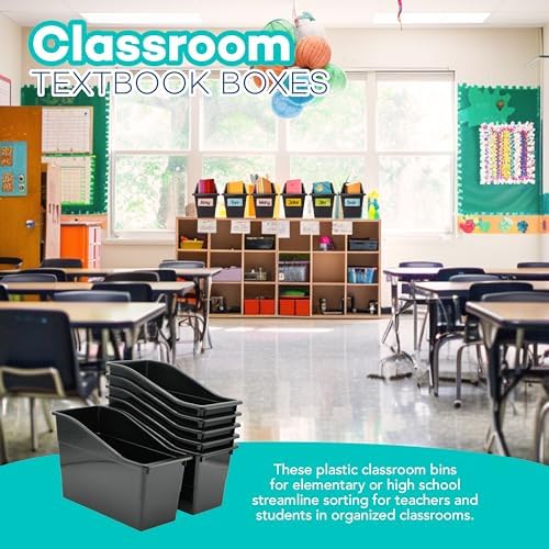4E's Novelty 6 Durable Book and Binder Holder, Files Book Bins for Classroom, Plastic Vertical Storage Book Organizer Folder Office Classroom Organization Containers Supplies (With Labels)