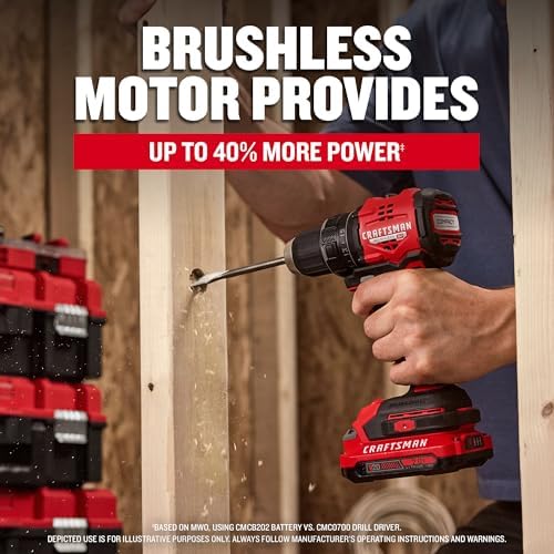 CRAFTSMAN V20 BRUSHLESS RP Compact Drill/Driver, Variable Speeed Trigger, Built In LED, Includes Battery and Charger (CMCD714D1)