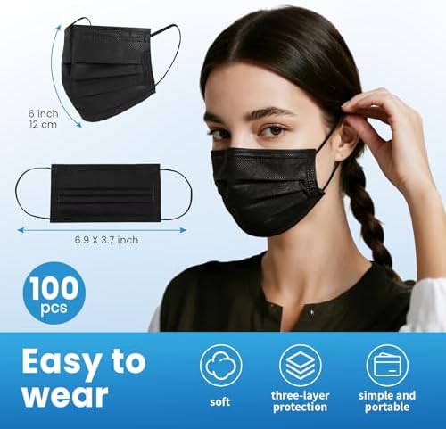 Borje Disposable Face Mask, 100 PCS Black Masks, 3 Ply Protection Face Masks