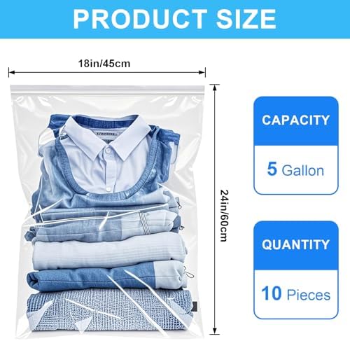 Large 5 Gallon Plastic Storage Bags 10pcs 18" x 24", 2.4 Mil Thick