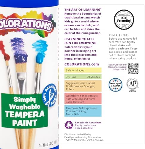 Colorations Paraben-Free Simply Washable Tempera Paint, Rainbow Plus 8-Pack