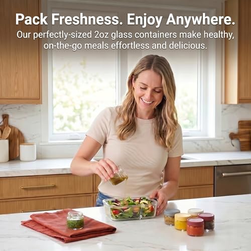 EONJOE 2 oz Glass Dressing Containers With Lids, Sauce Jars for Lunch, 6pk