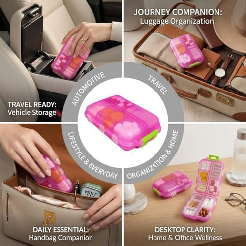 Pill Organizer with 161 Medicine Labels, Daily Travel Pill Case (Pink)