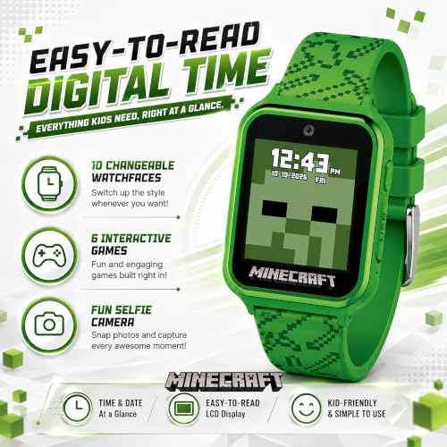 Minecraft Kids Smart Watch – Touchscreen Interactive Watch with 10 Customizable Clock Faces, Built-in Camera, Video Recorder, Alarm, Calculator, Games & Pedometer – Fits Wrists 5.5" to 8"