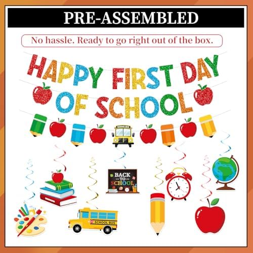 First Day of School Decorations, Banner with Swirls and Garland