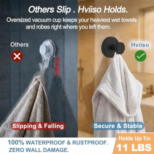 Vacuum Suction Cup Hooks for Shower, Shower Hooks for Inside Shower Glass Window, Mirror, No Drill Towel Hooks for Bathrooms, Bath Robe Coat Looafh Wreath Hook for Hanging - 2 Pack, Black